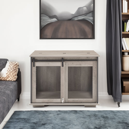 Farmhouse Dog Cage Crate Furniture with Sliding Barn Door, Farmhouse Wooden Dog Kennel End Table with Flip-top Plate Dog House | Purrfect Pet Kingdom
