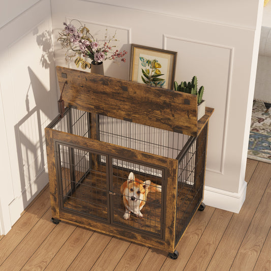Furniture Style Dog Crate Side Table on Wheels with Double Doors and Lift Top. Rustic Brown, 31.50'' W x 22.05'' D x 25'' H. | Purrfect Pet Kingdom