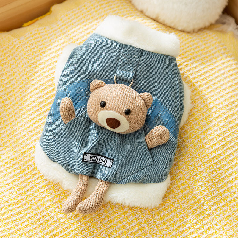 Autumn And Winter Korean-style Dog Pocket Three-dimensional Bear, Denim Towing Vest, Cat Cotton Coat, Warm Pet Dog Clothes - Majestic Pet Kingdom