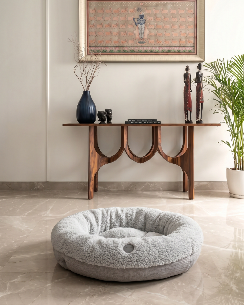 Faux Fur Donut Dog Bed – Washable, Bolster Rim, Gray