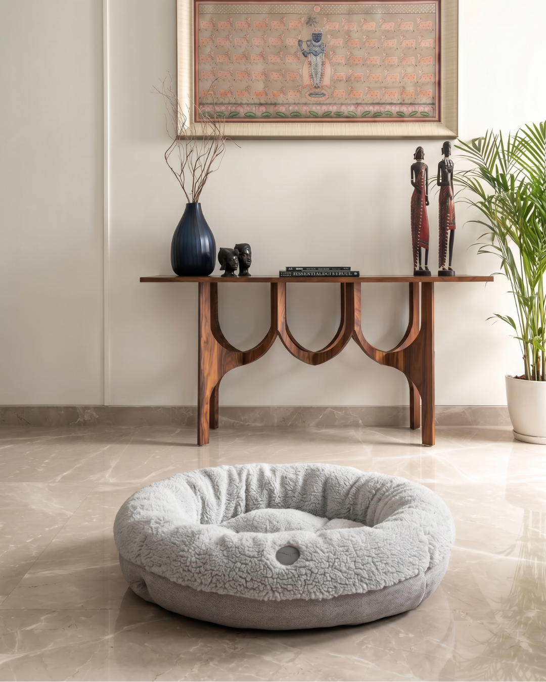 Faux Fur Donut Dog Bed – Washable, Bolster Rim, Gray