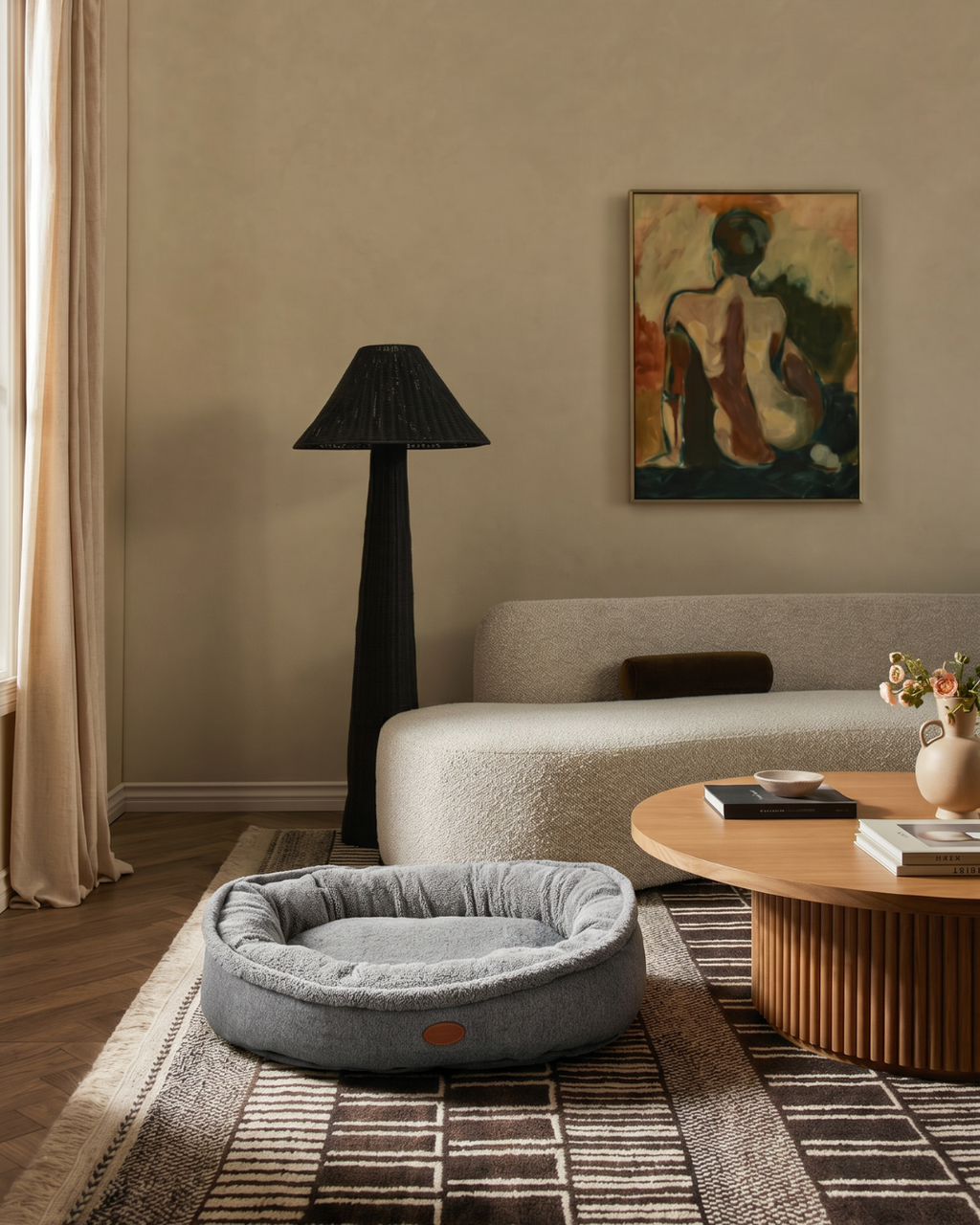 Faux Fur Bagel Dog Bed – Shearling Interior, Bolster, Gray