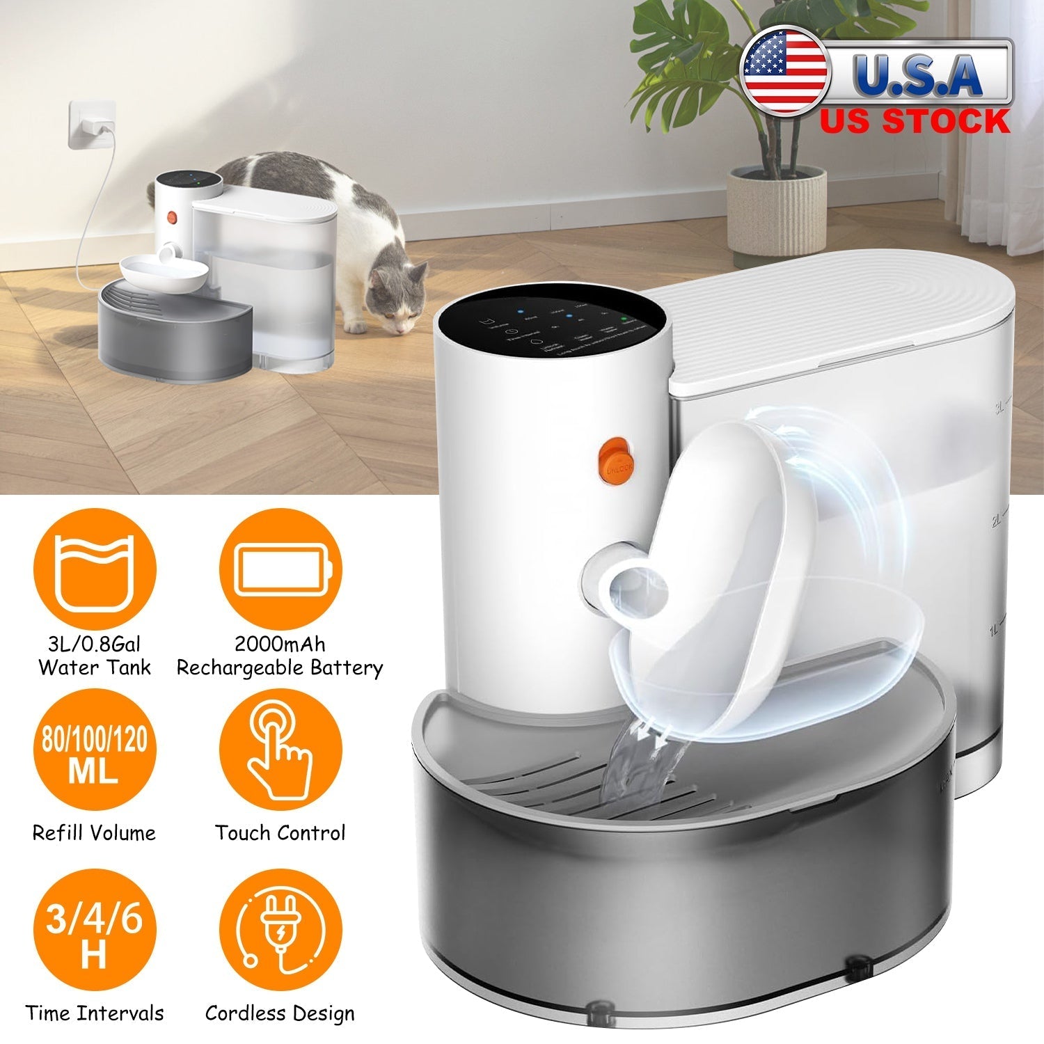 Smart Pet Water Fountain Automatic Cat Water Dispenser 3L/101OZ Cordless Rechargeable Dog Water Fountain Self-Refill with 3 Adjustable Volume 3 Time I - Majestic Pet Kingdom