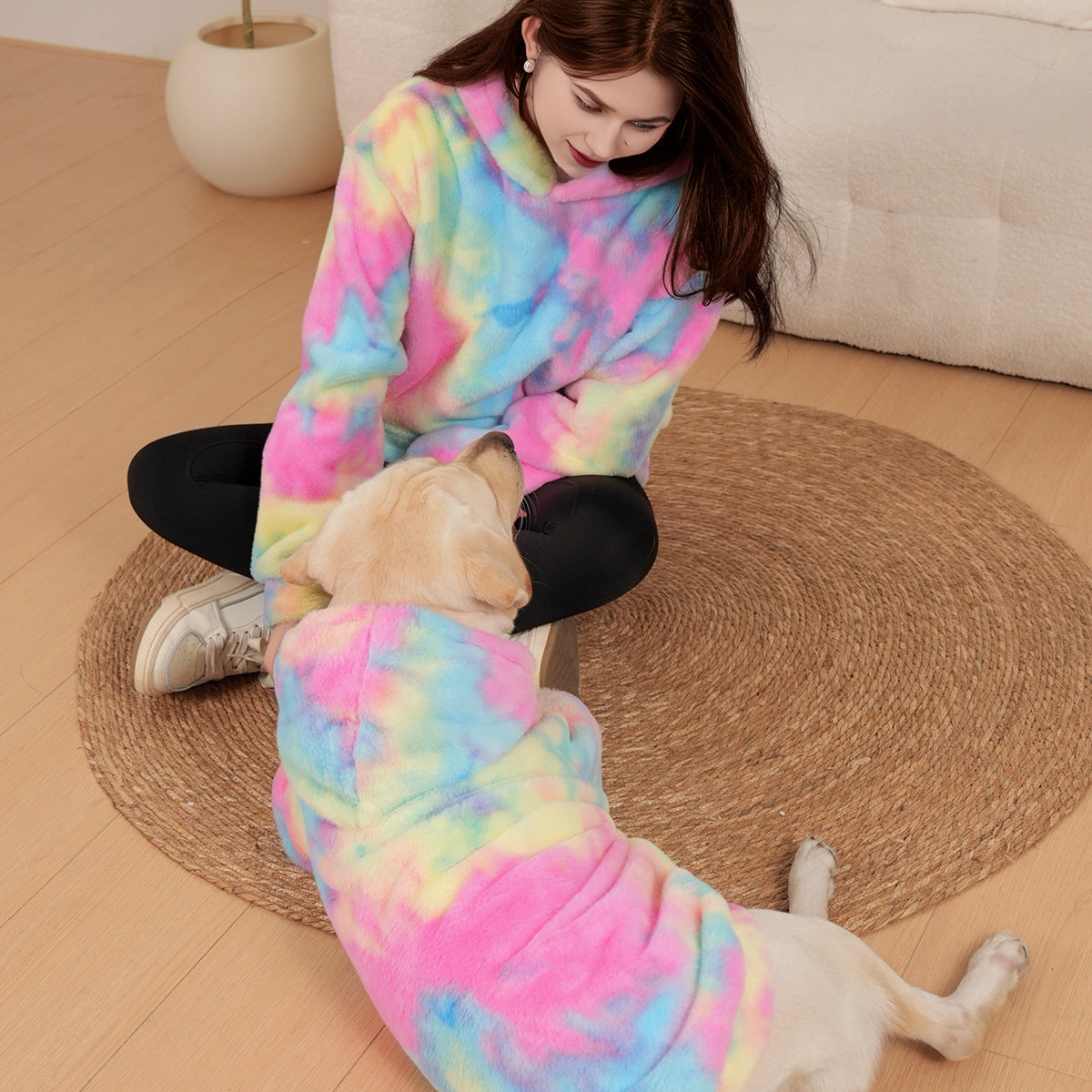 Dog Hoodie Tie-Dye Rainbow Faux Rabbit Fur Warm Winter Coat