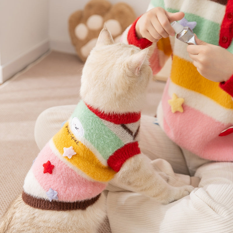 Autumn And Winter Cat Cartoon Star Striped Parent-child Sweater, Small And Medium-sized Dog Warm Parent-child Clothing, Pet Clothes - Majestic Pet Kingdom