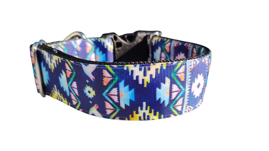Dog Collar 1.5-Inch Wide Blue Tribal Aztec Geometric Boho Nylon