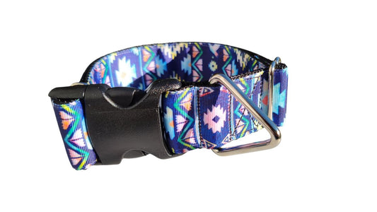 Dog Collar 1.5-Inch Wide Blue Tribal Aztec Geometric Boho Nylon