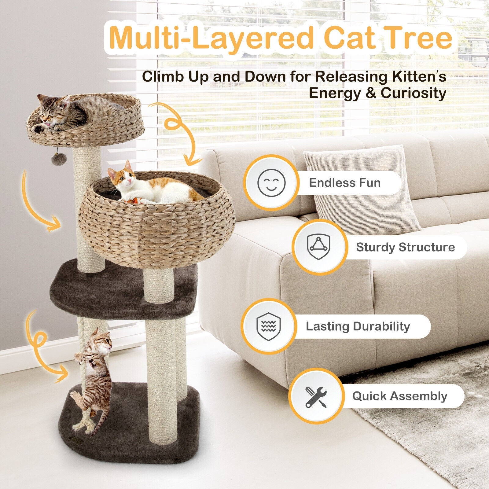 41 Inch Rattan Cat Tree with Napping Perch - Majestic Pet Kingdom