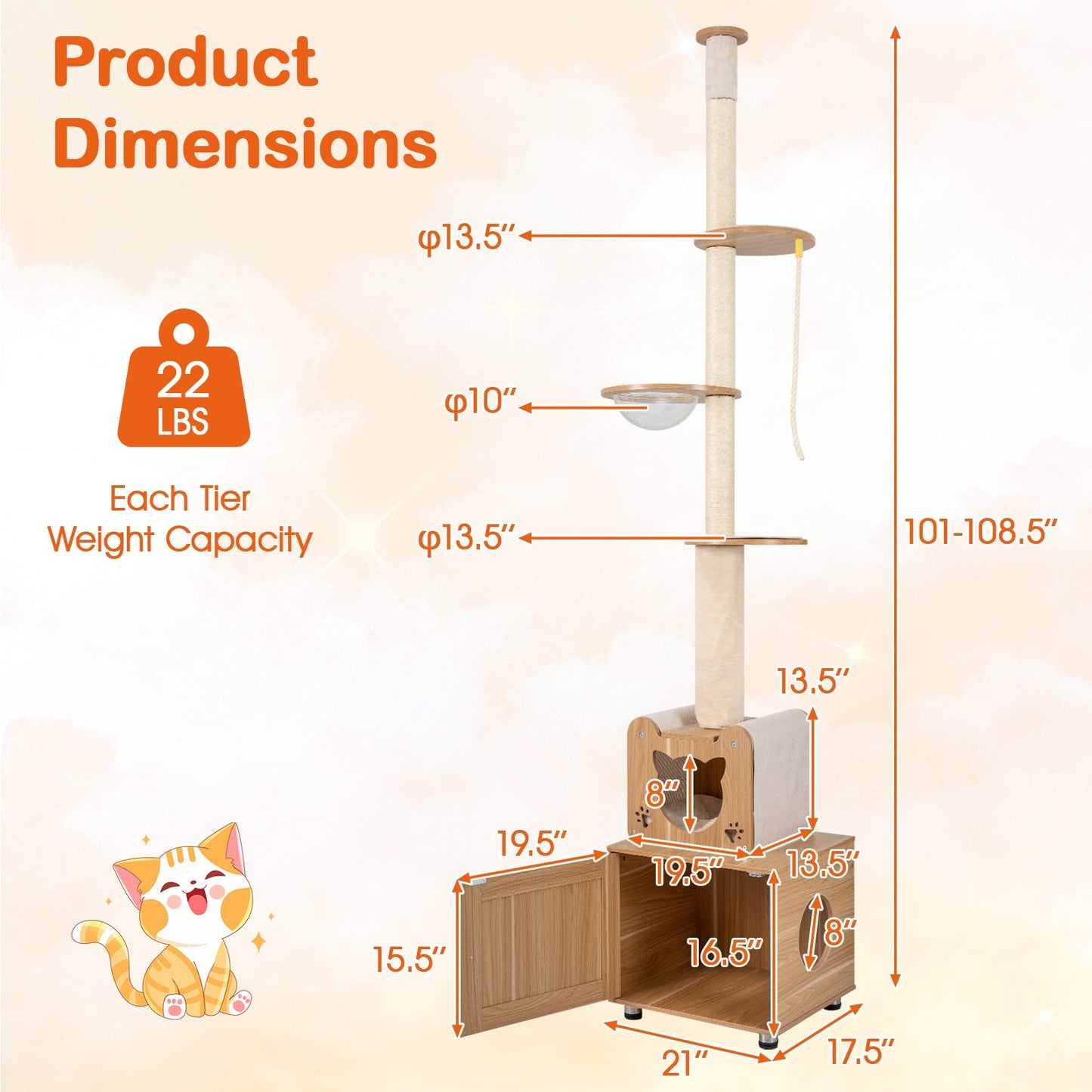 Cat Tree Floor to Ceiling 101-Inch Adjustable Tower Cabinet - Detail Angle 3 | Majestic Pet Kingdom
