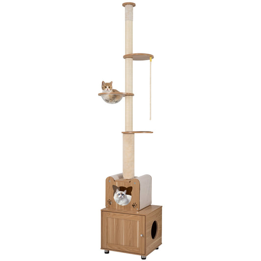 101 Inch Floor to Ceiling Cat Tree Height Adjustable with Litter Box Enclosure-Brown | Purrfect Pet Kingdom