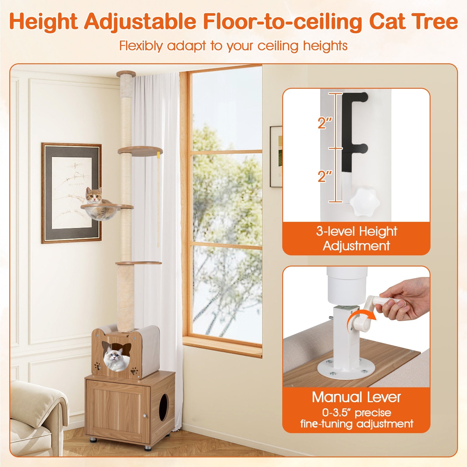 Cat Tree Floor to Ceiling 101-Inch Adjustable Tower Cabinet - Detail Angle 5 | Majestic Pet Kingdom