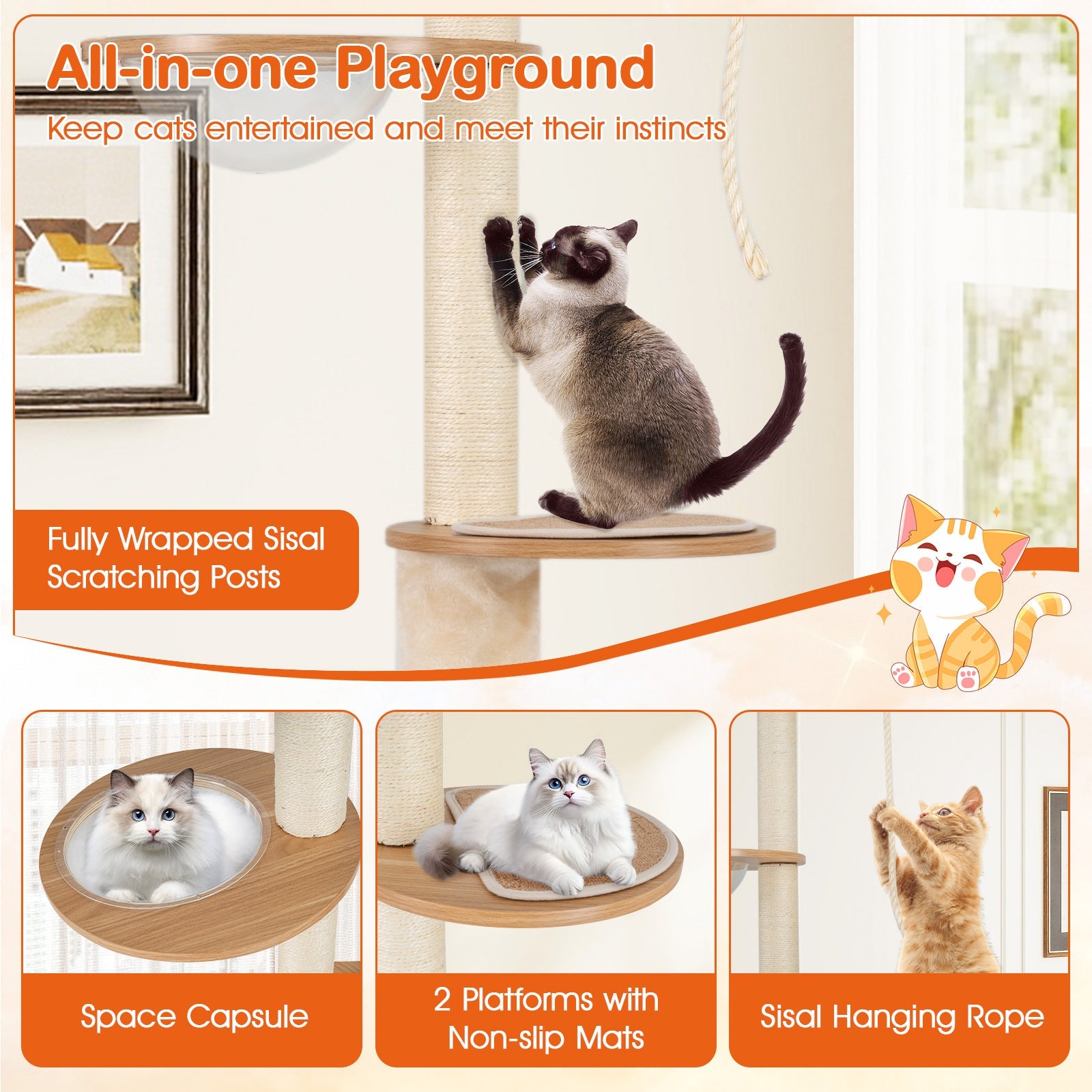 Cat Tree Floor to Ceiling 101-Inch Adjustable Tower Cabinet - Detail Angle 6 | Majestic Pet Kingdom