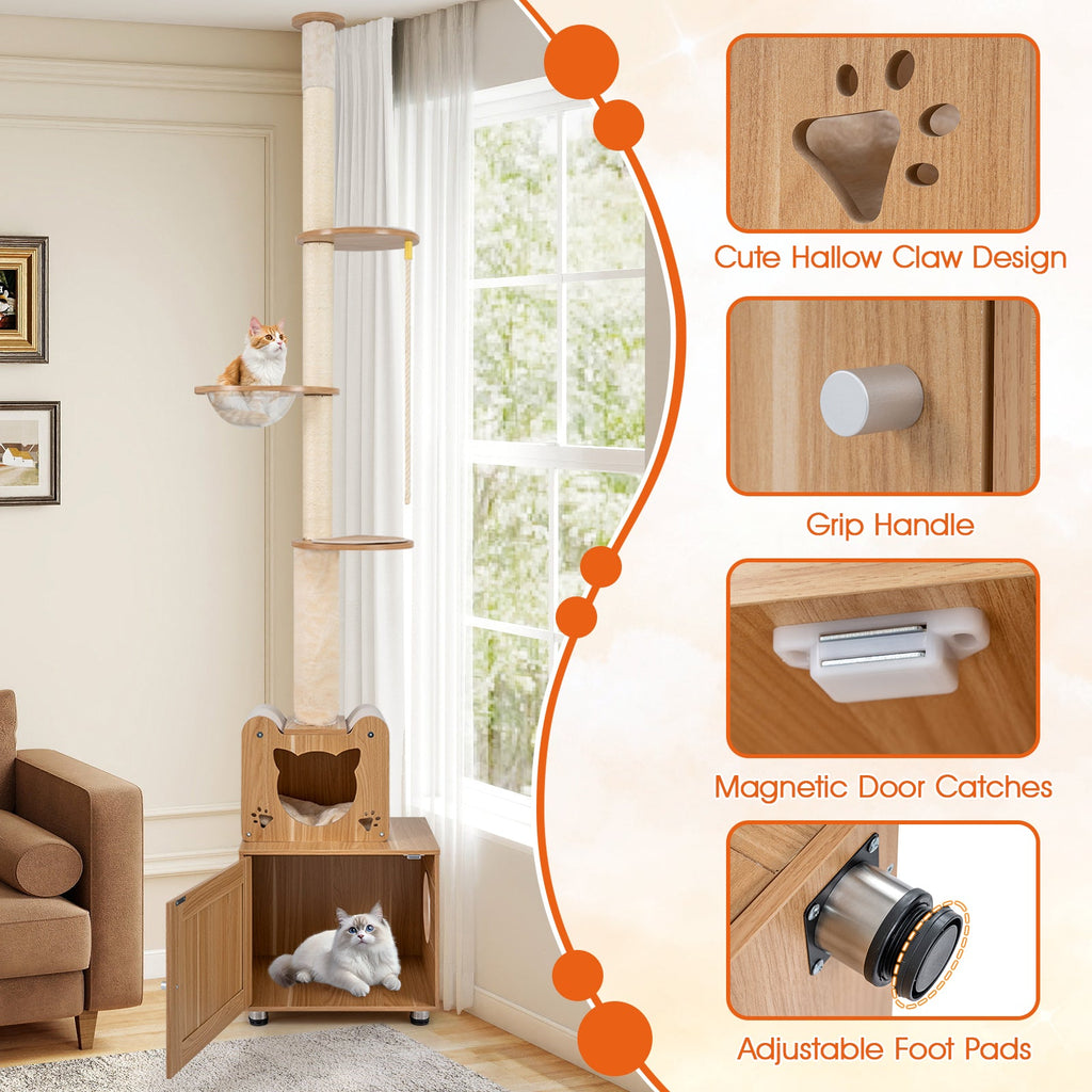 101 Inch Floor to Ceiling Cat Tree Height Adjustable with Litter Box Enclosure-Brown - Majestic Pet Kingdom
