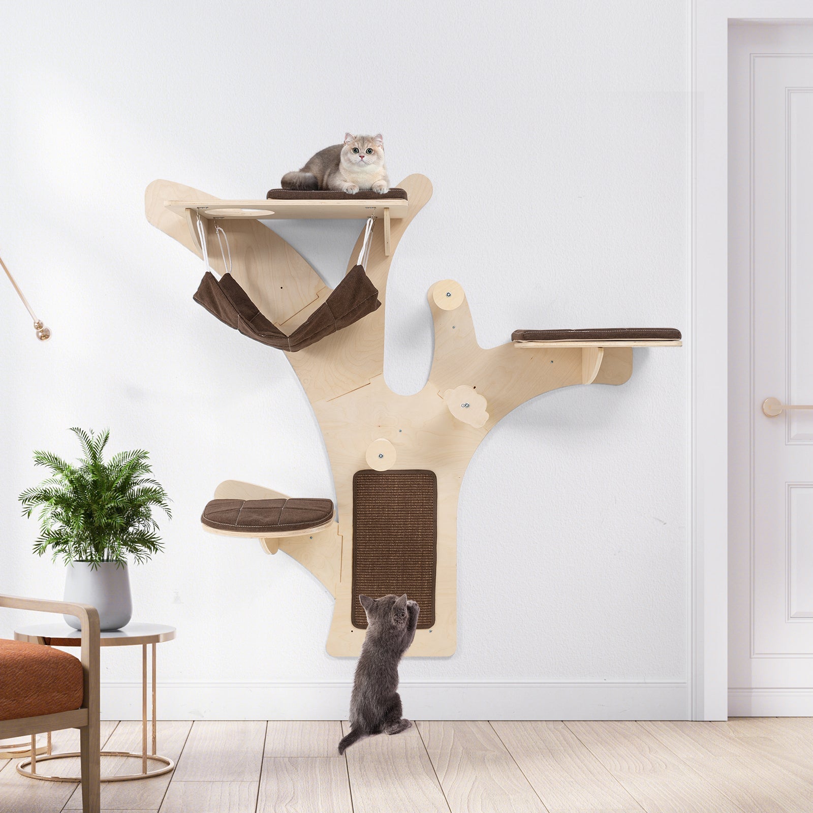 Wall-Mounted Cat Tower Cat Wall Shelves Furniture with Perch-Brown - Majestic Pet Kingdom