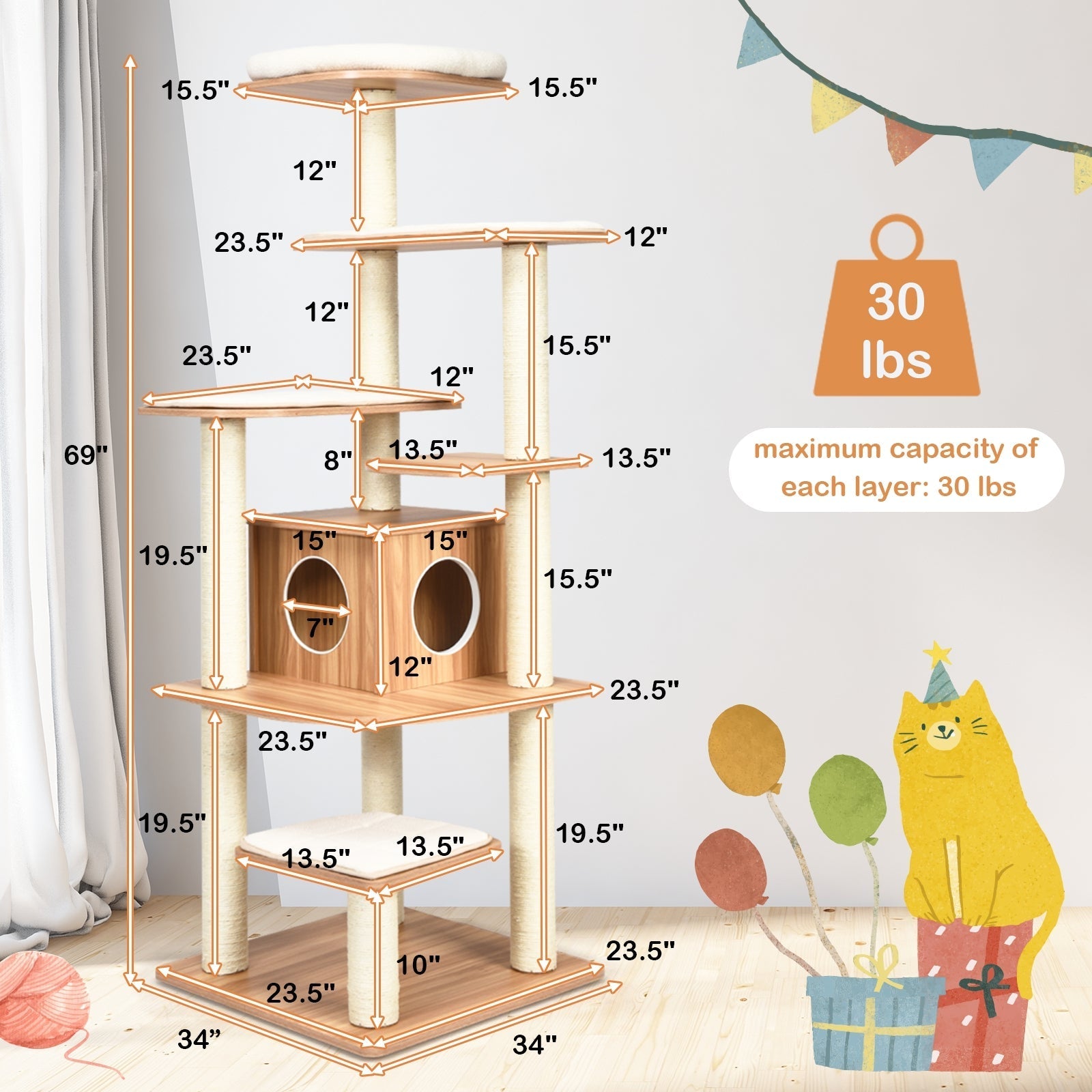 7-Layer Wooden Cat Tree Tall Cat Tower with Sisal Posts and Condo - Majestic Pet Kingdom