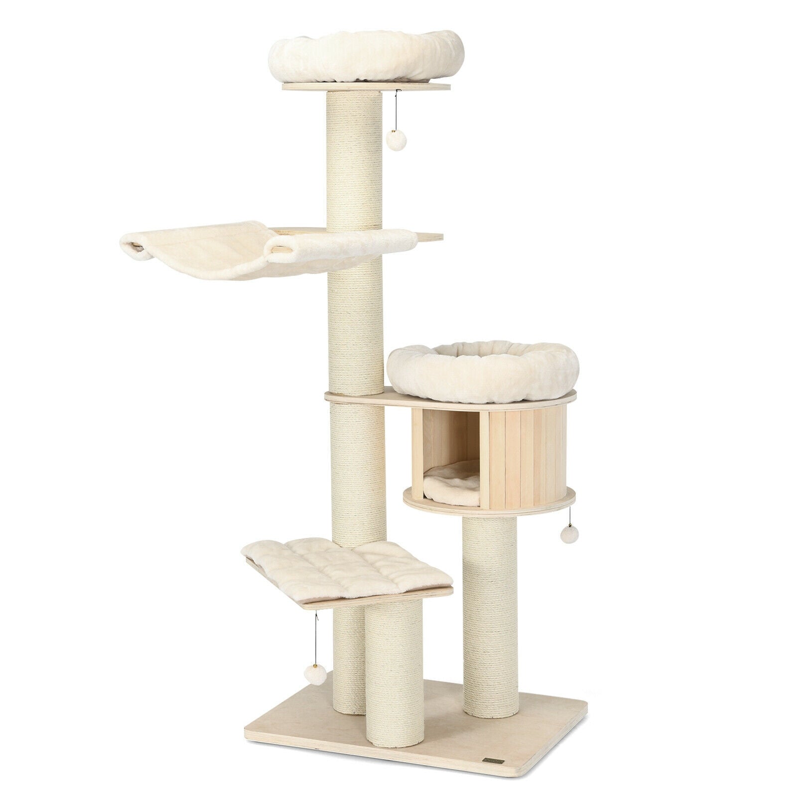 4-Layer 68.5-Inch Wooden Cat Tree Condo Activity Tower with Sisal Posts-Natural - Majestic Pet Kingdom