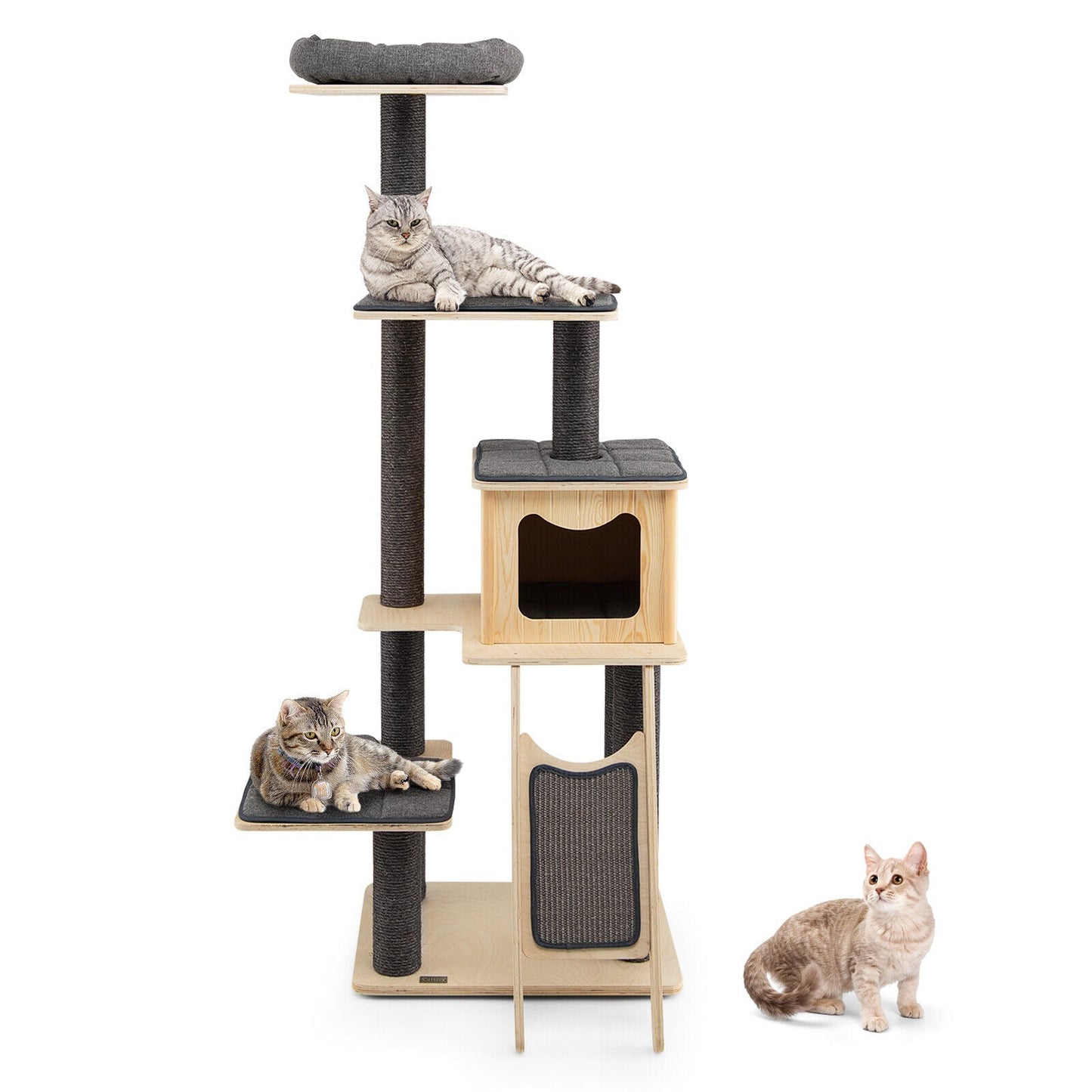 5-Tier Modern Wood Cat Tower with Washable Cushions-Gray - Majestic Pet Kingdom