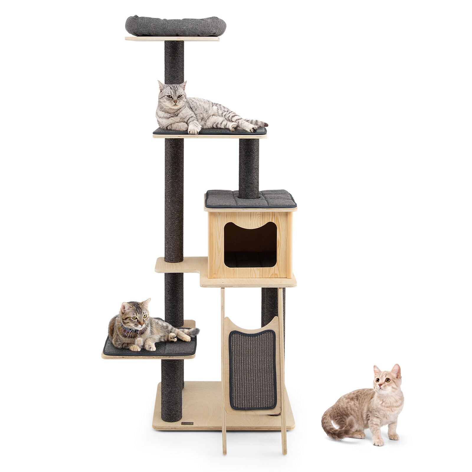 5-Tier Modern Wood Cat Tower with Washable Cushions-Gray - Majestic Pet Kingdom