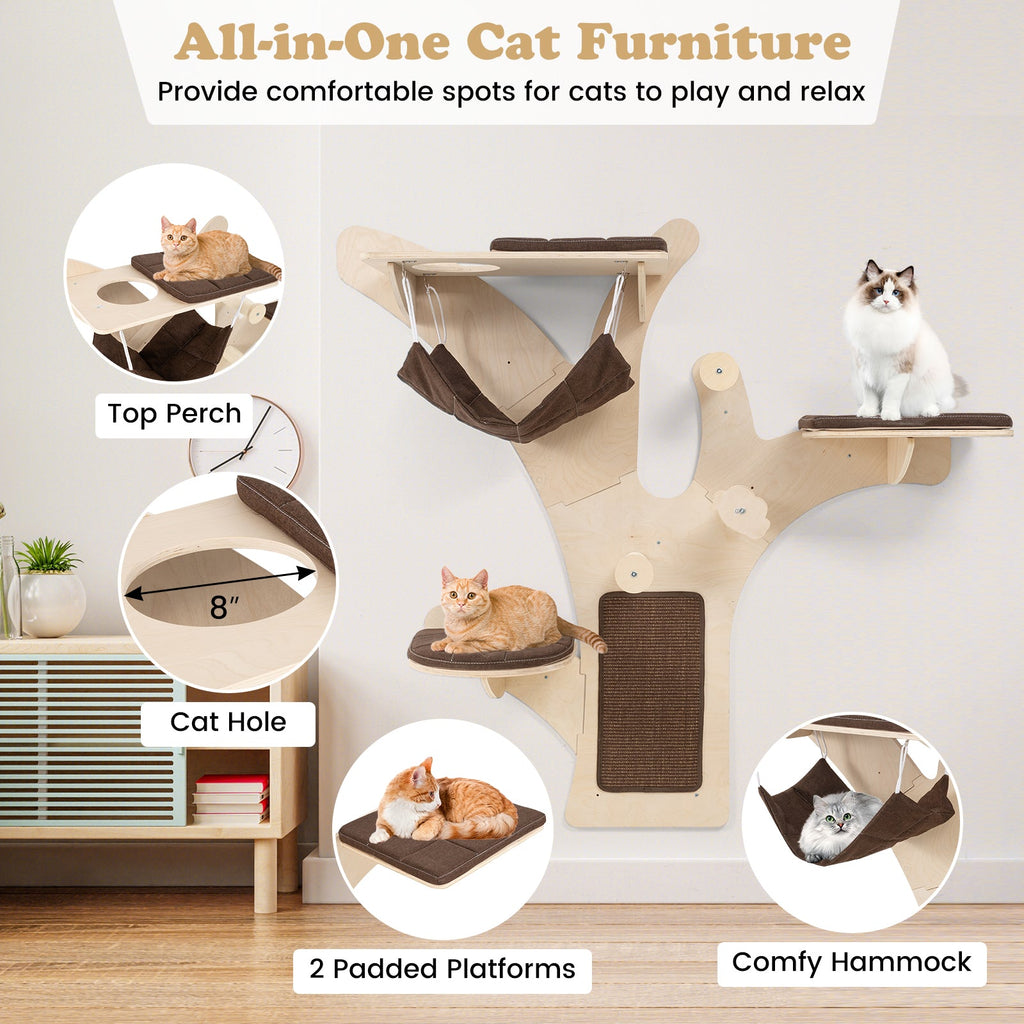 Wall-Mounted Cat Tower Cat Wall Shelves Furniture with Perch-Brown - Majestic Pet Kingdom