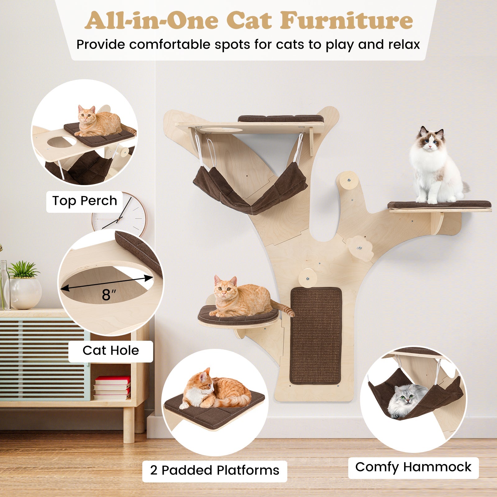Wall-Mounted Cat Tower Cat Wall Shelves Furniture with Perch-Brown - Majestic Pet Kingdom