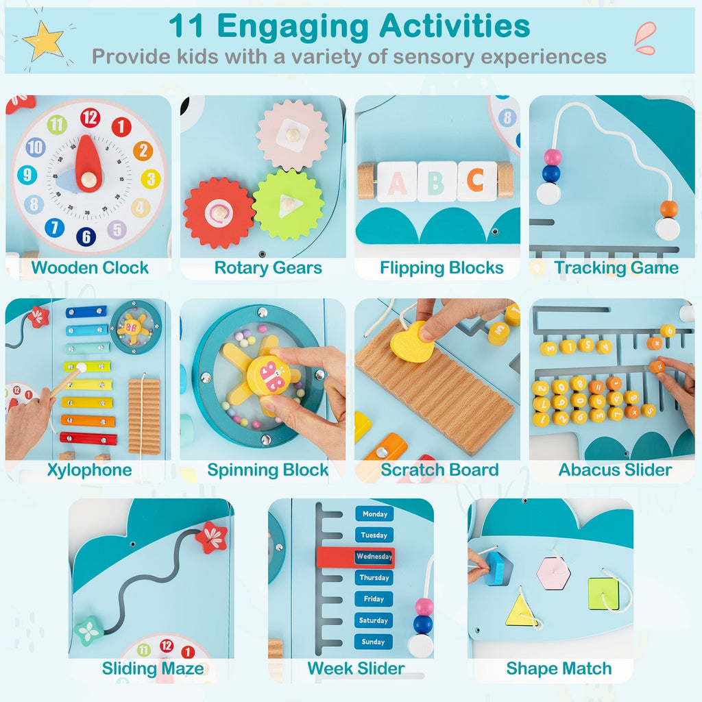11-in-1 Dinosaur Activity Wall Busy Board Panels for Toddlers Education and Early Development