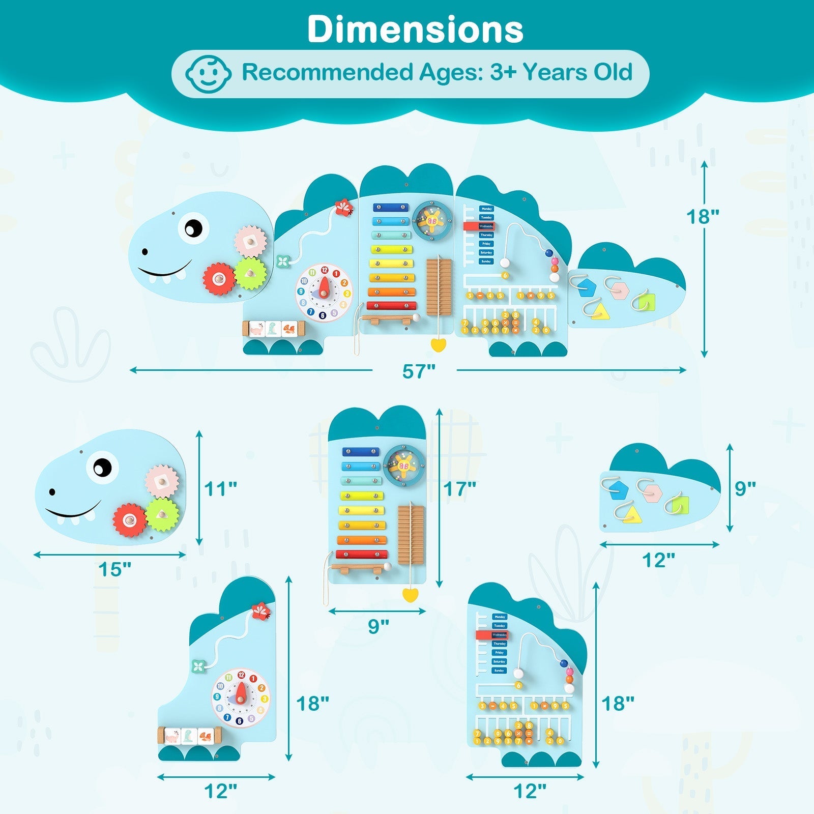 11-in-1 Dinosaur Activity Wall Busy Board Panels for Toddlers Education and Early Development