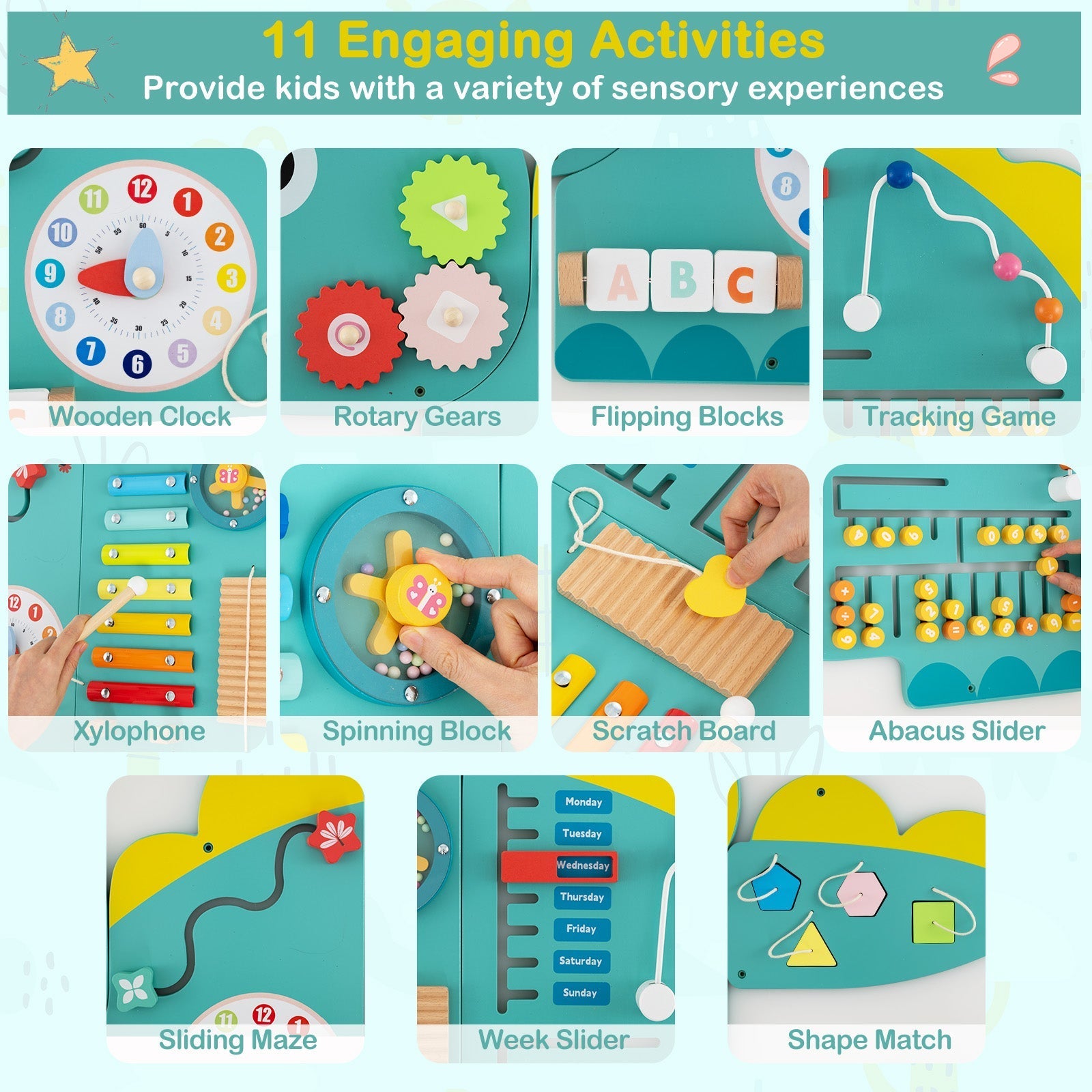 11-in-1 Dinosaur Activity Wall Busy Board Panels for Toddlers Education and Early Development