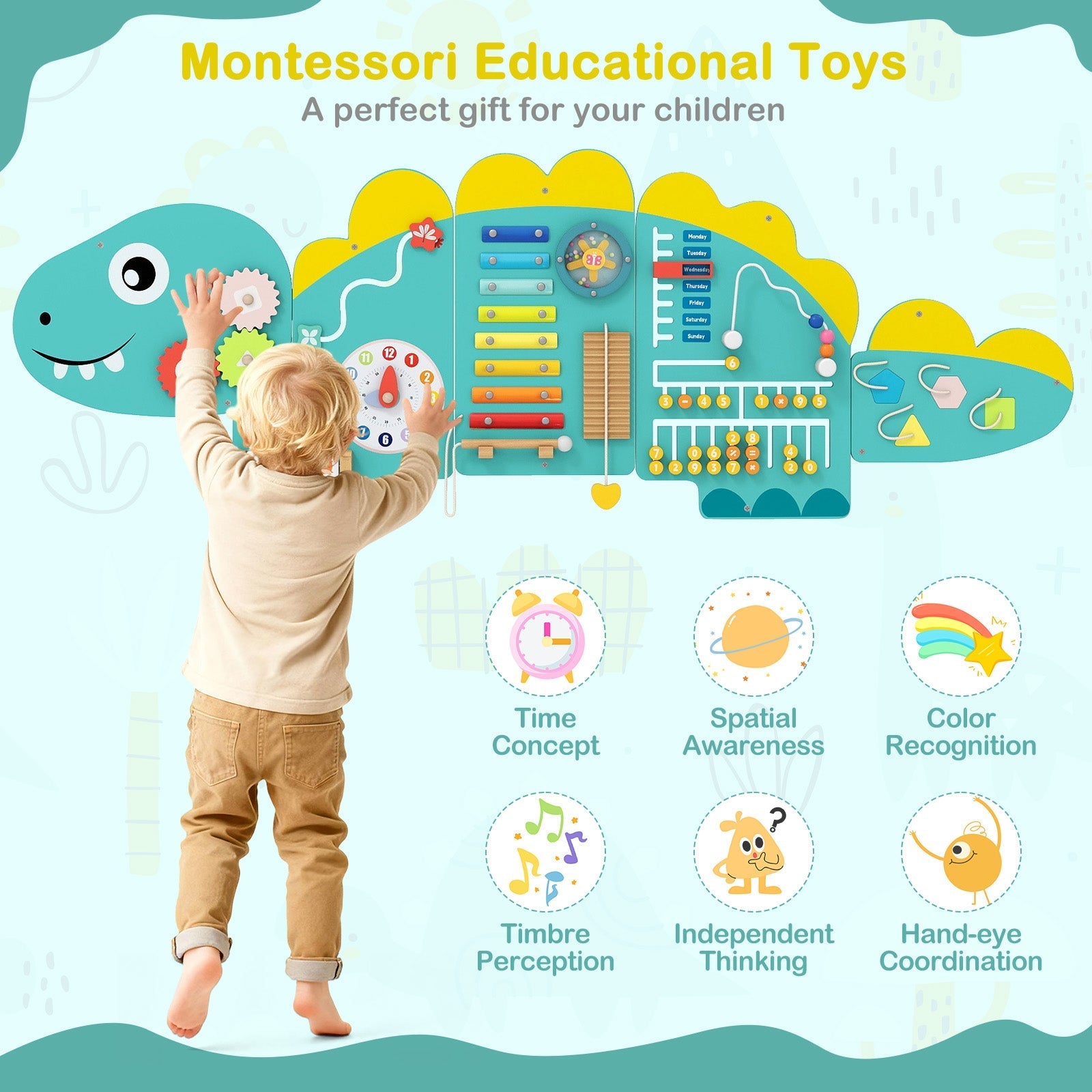 11-in-1 Dinosaur Activity Wall Busy Board Panels for Toddlers Education and Early Development