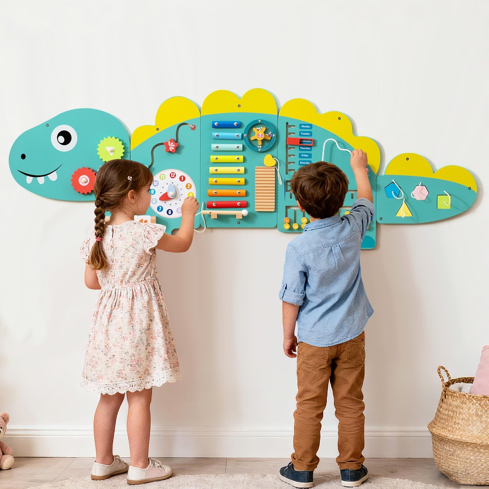 11-in-1 Dinosaur Activity Wall Busy Board Panels for Toddlers Education and Early Development