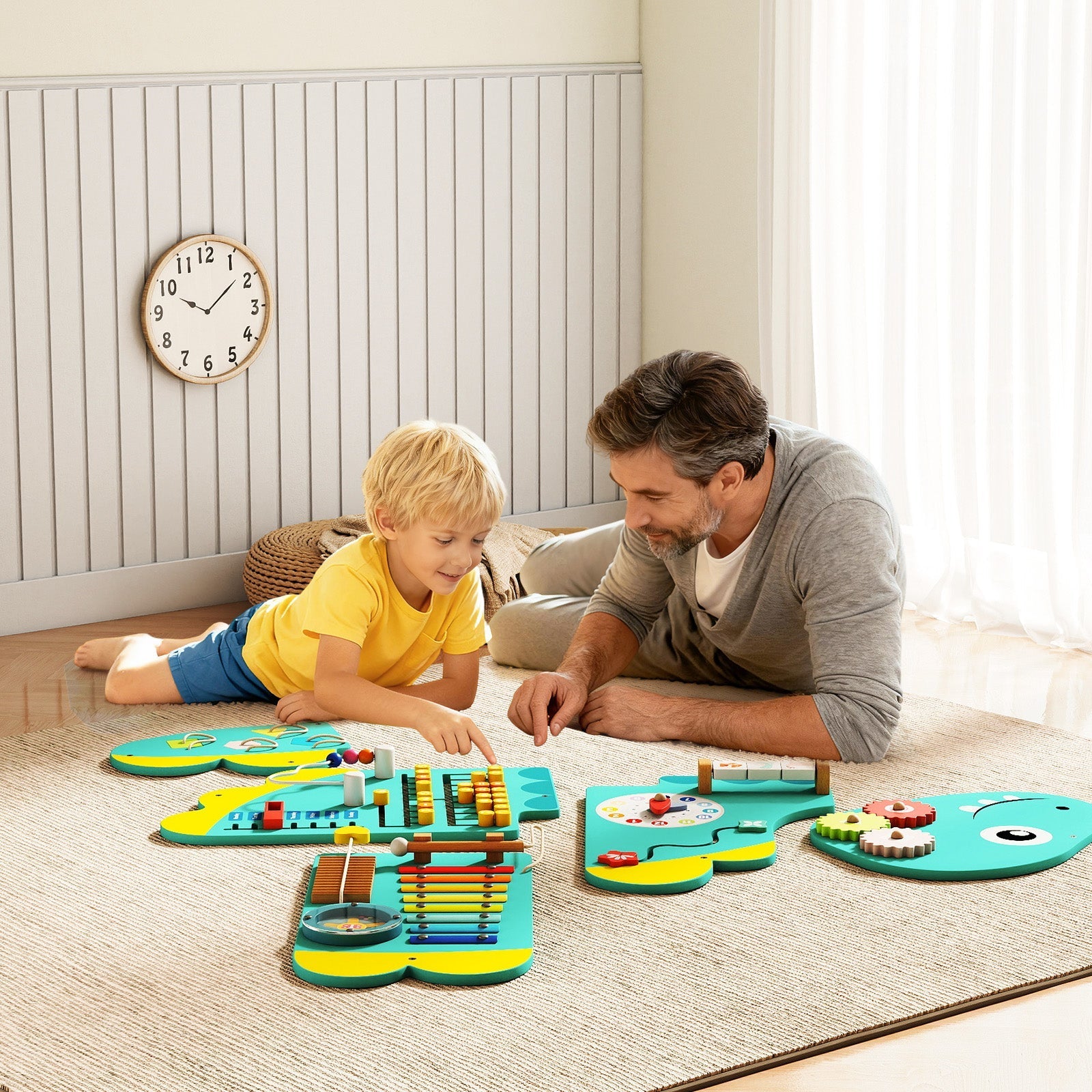 11-in-1 Dinosaur Activity Wall Busy Board Panels for Toddlers Education and Early Development