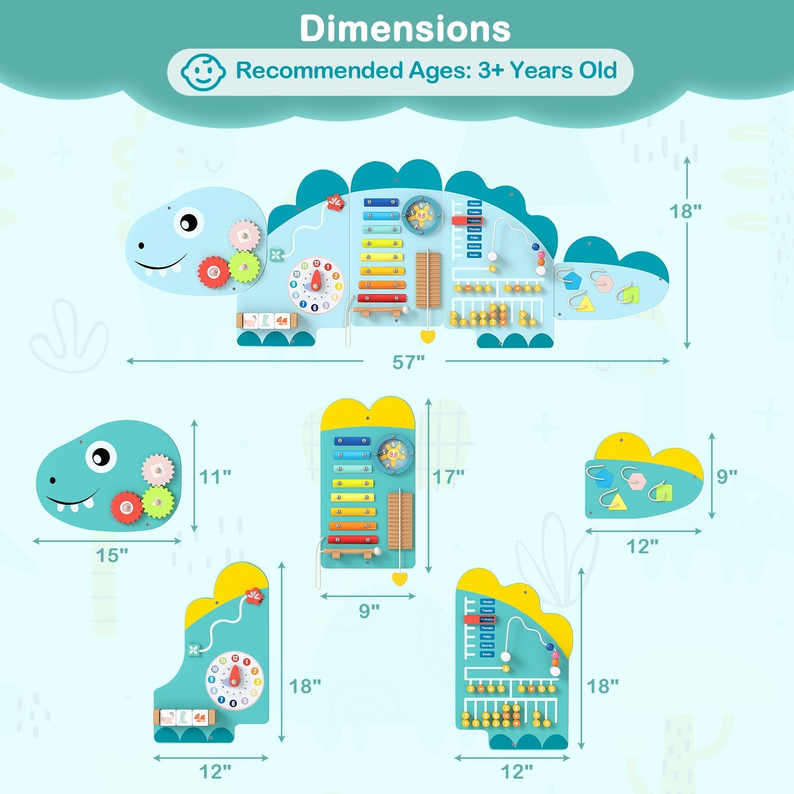 11-in-1 Dinosaur Activity Wall Busy Board Panels for Toddlers Education and Early Development