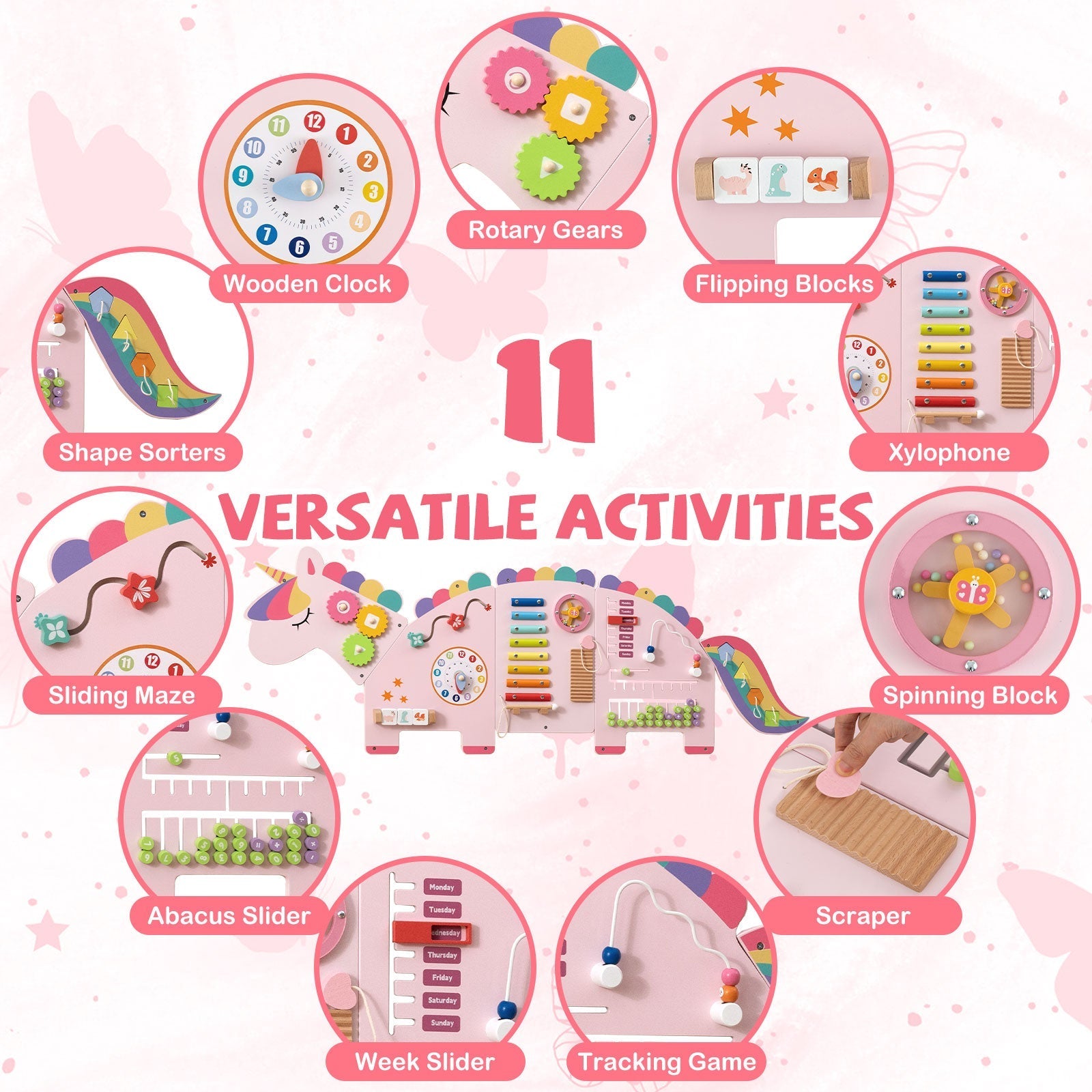 11-in-1 Dinosaur Activity Wall Busy Board Panels for Toddlers Education and Early Development