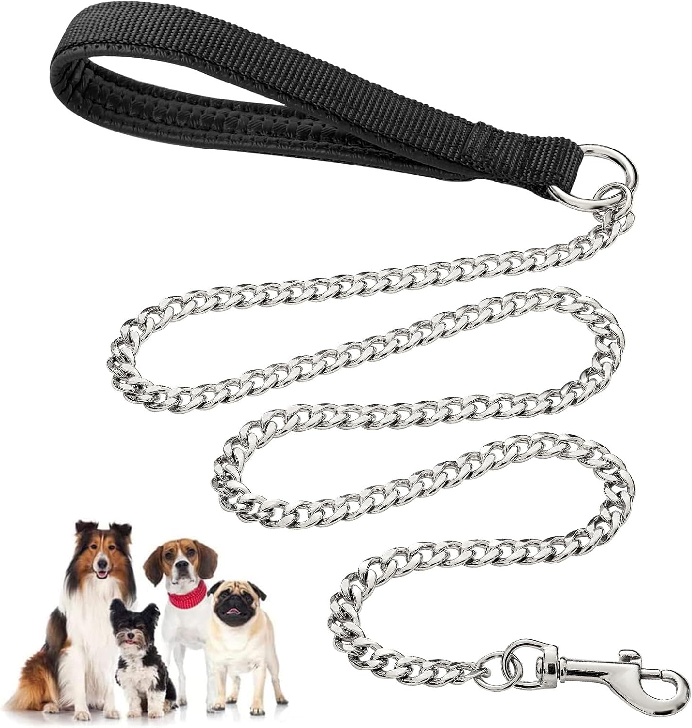 Dog Leash Metal Chain Chew-Proof Padded Handle Lead Heavy