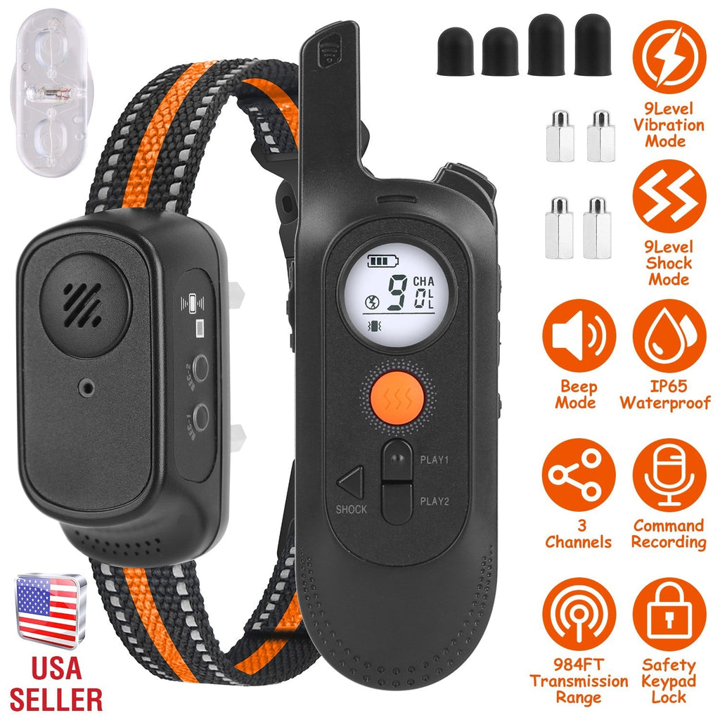 984FT Dog Training Collar IP65 Waterproof Pet Beep Vibration Electric Shock Collar 3 Channels Rechargeable Transmitter Receiver Trainer with Recording - Majestic Pet Kingdom