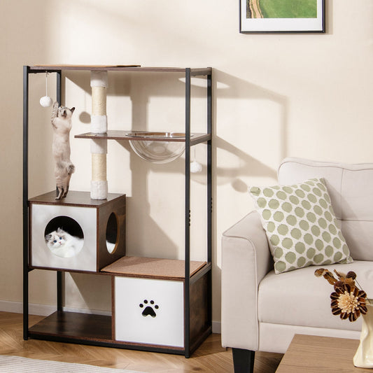 52 Inch Tall Wooden Cat Tree Metal Frame with 2 Condos and Cushions-Coffee - Majestic Pet Kingdom
