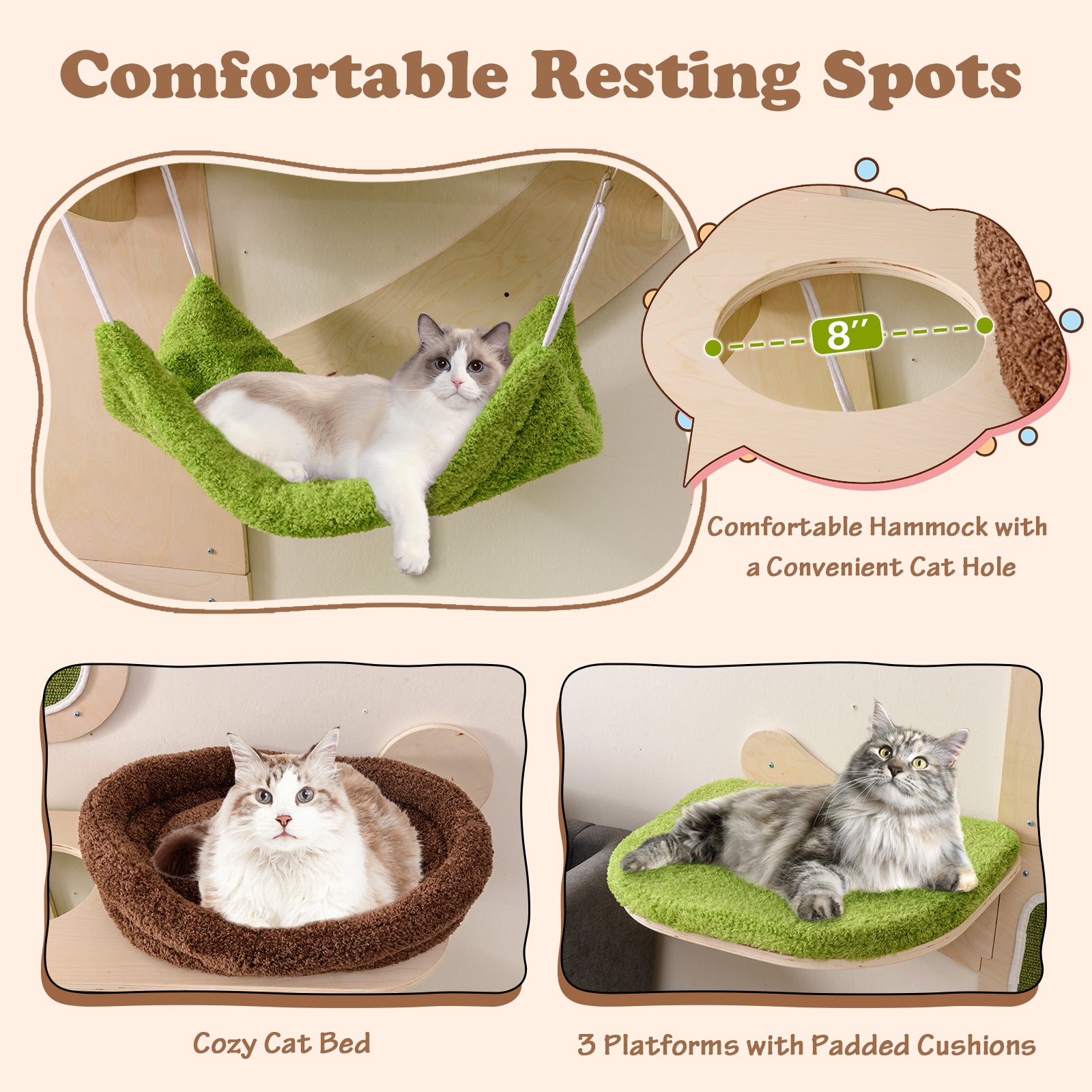 Wall-Mounted Cat Tower Cat Wall Shelves Furniture with Bed-Green - Majestic Pet Kingdom