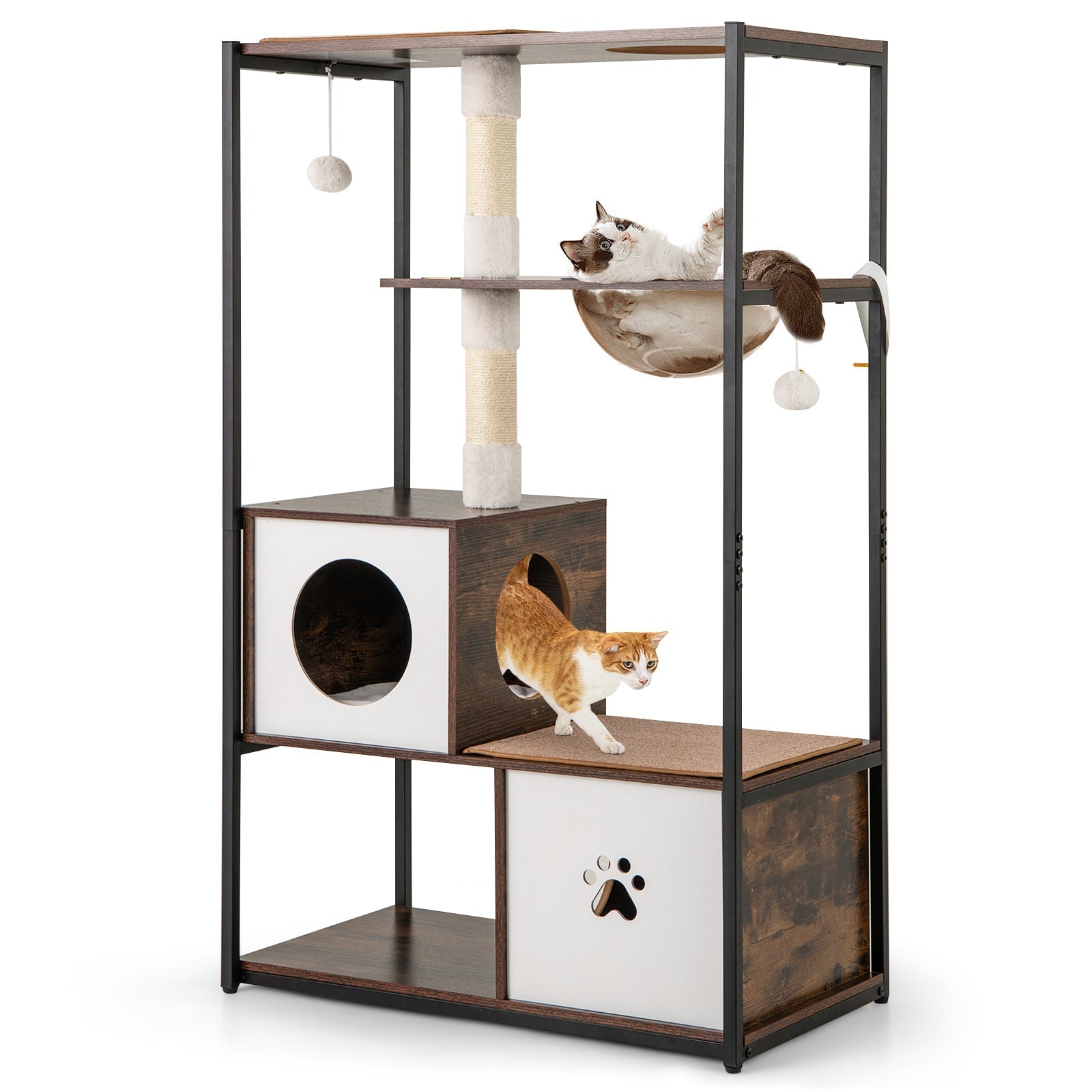 52 Inch Tall Wooden Cat Tree Metal Frame with 2 Condos and Cushions-Coffee - Majestic Pet Kingdom
