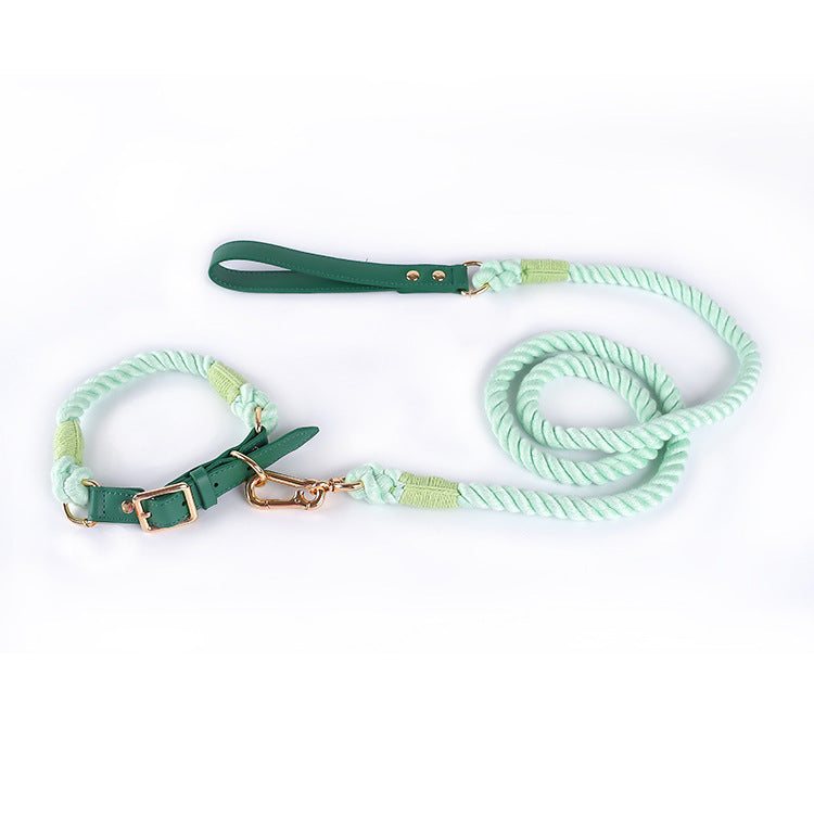 Dog Collar and Leash Set Braided Cotton Rope Genuine Leather