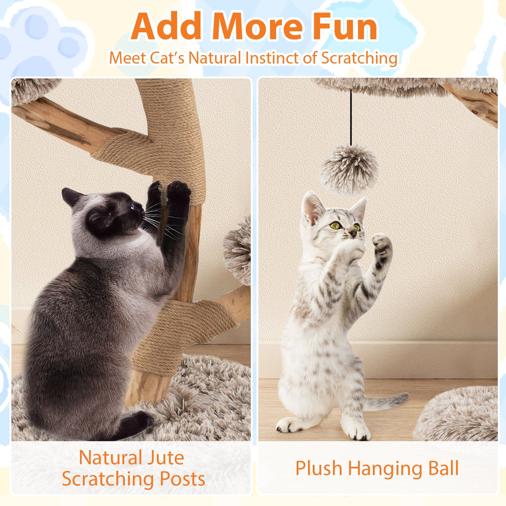 Cat Tree Solid Pear Wood with Perch and Natural Jute Scratching Posts-Brown - Majestic Pet Kingdom