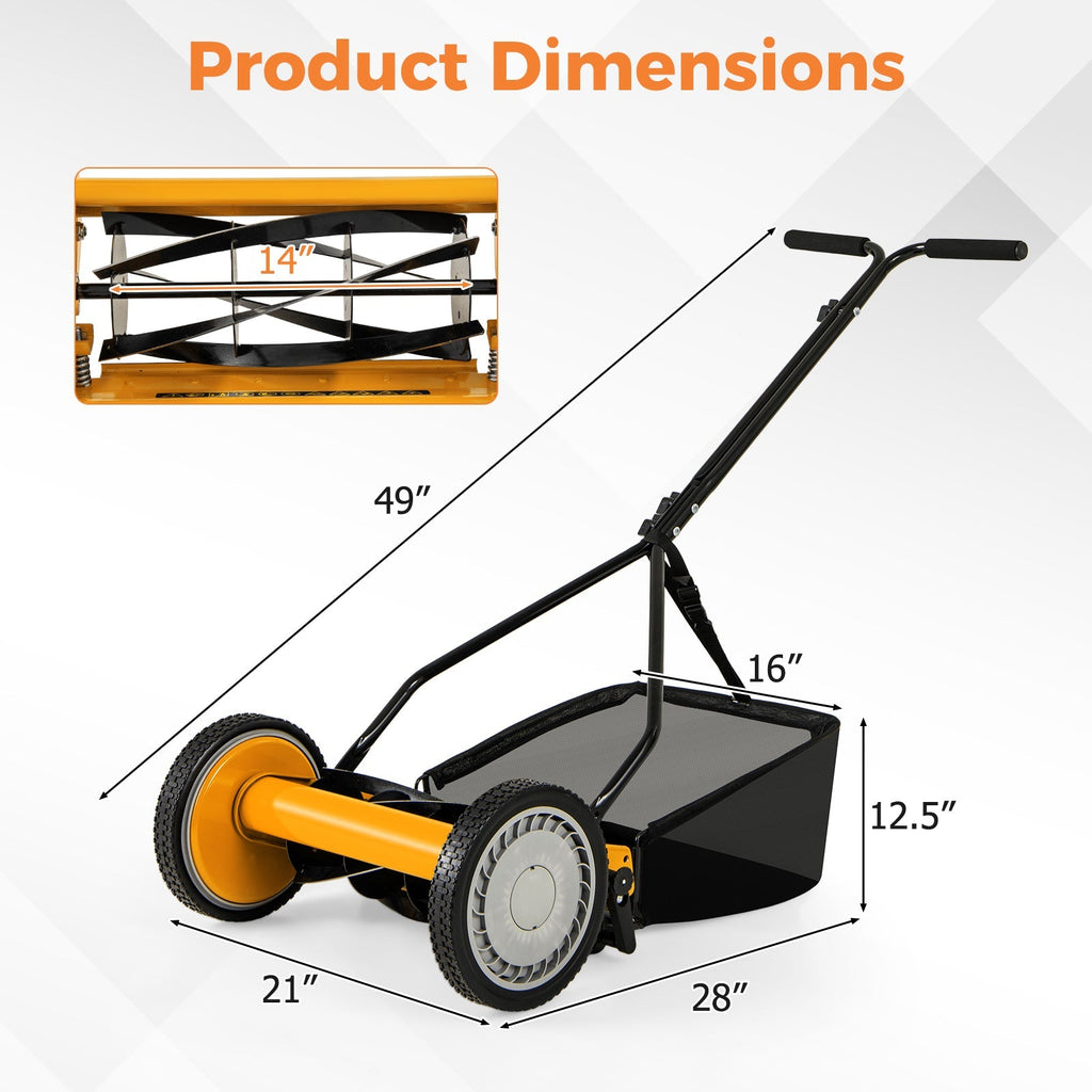 14 Inch Push Lawn Mower with 5 Steel Blades and Grass Catcher Bag