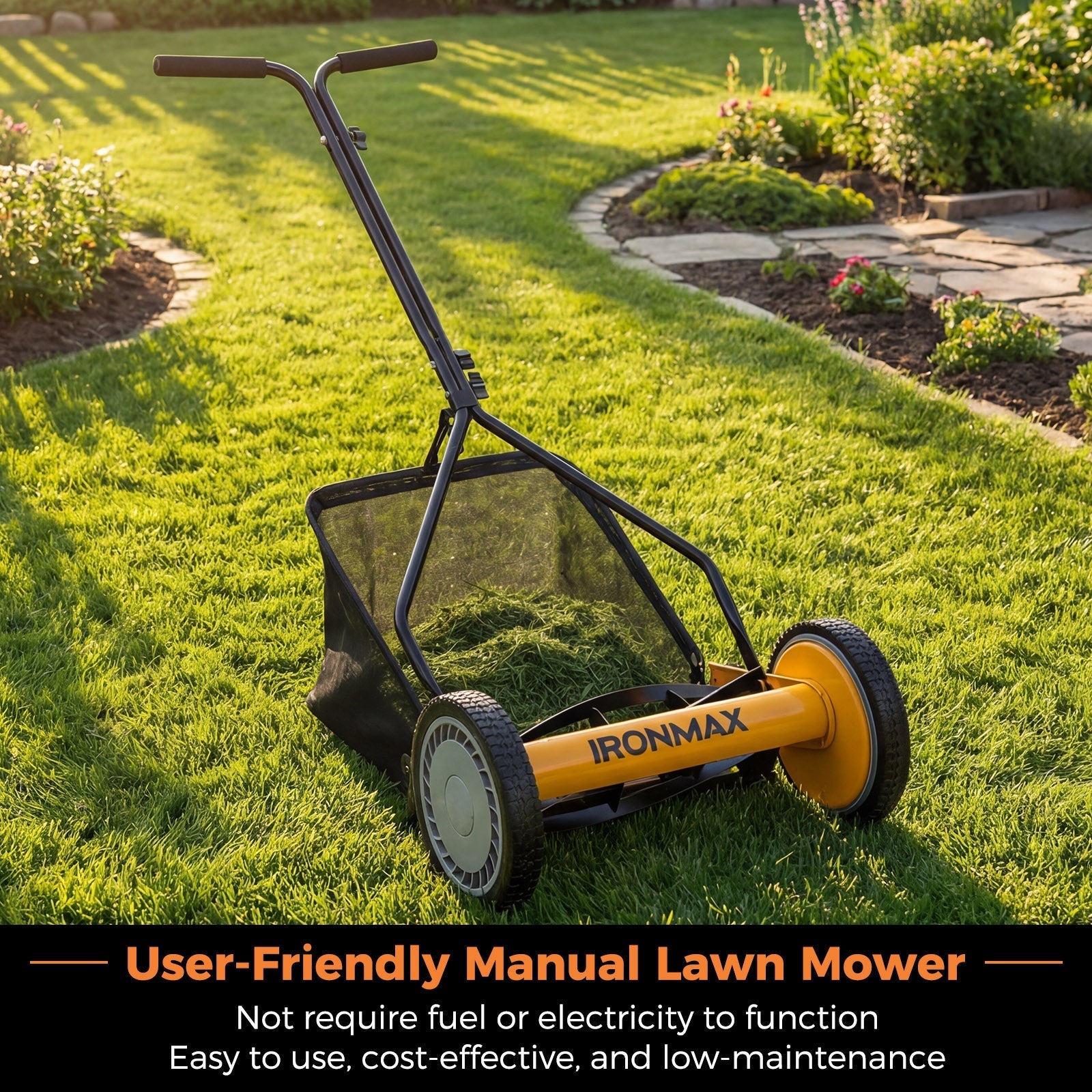 14 Inch Push Lawn Mower with 5 Steel Blades and Grass Catcher Bag