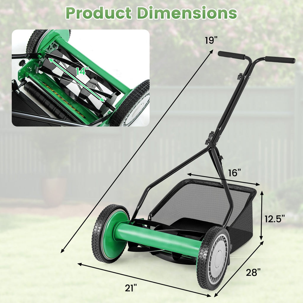 14 Inch Push Lawn Mower with 5 Steel Blades and Grass Catcher Bag