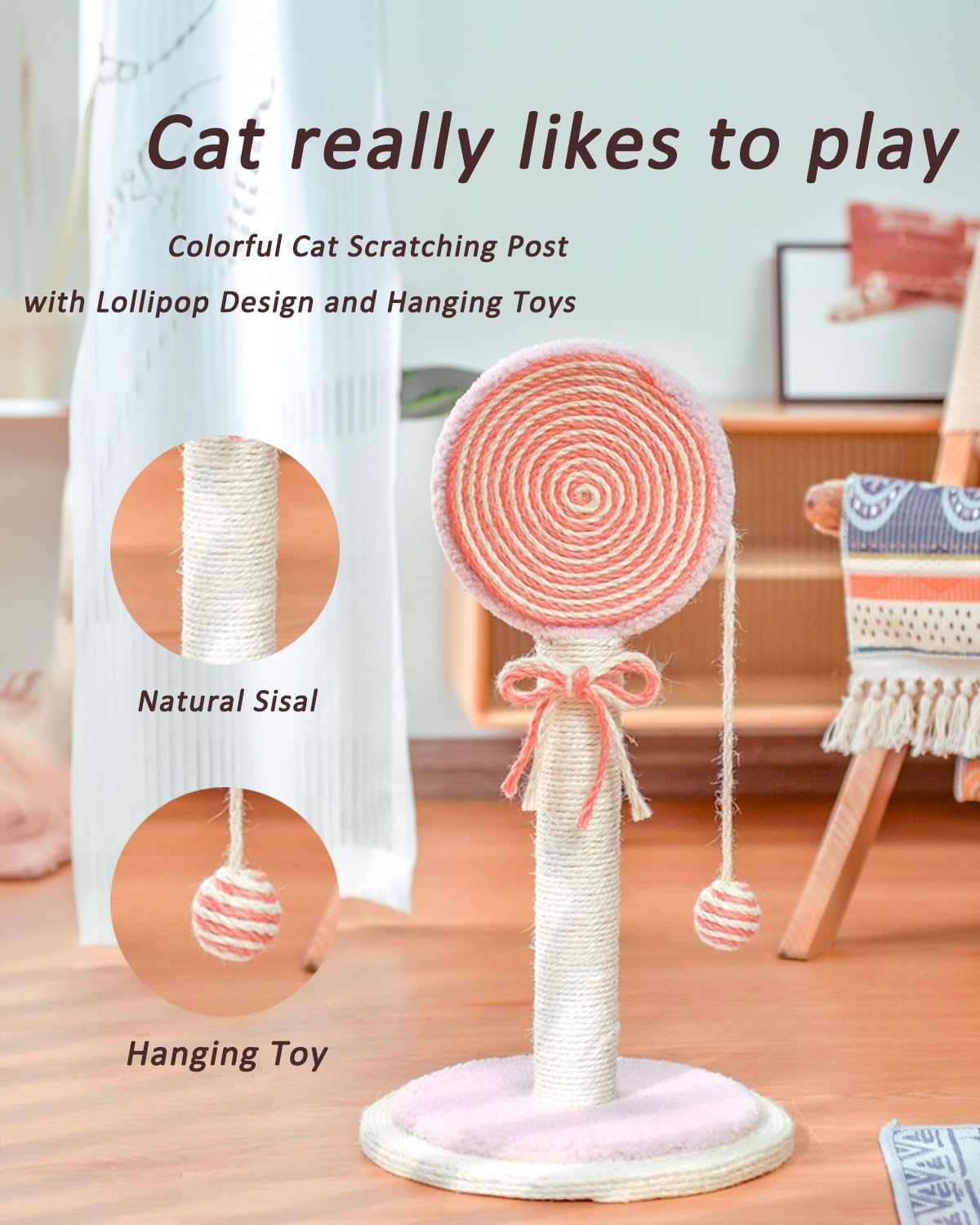 Cat Scratching Post Sisal Rope Tower with Hanging Ball Toy - Detail Angle 3 | Majestic Pet Kingdom