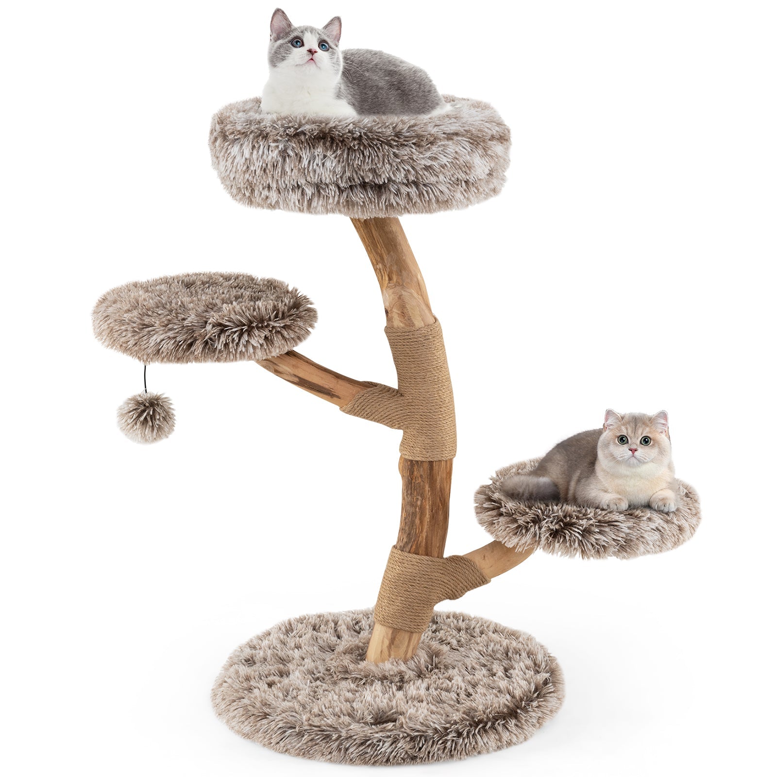Cat Tree Solid Pear Wood with Perch and Natural Jute Scratching Posts-Brown - Majestic Pet Kingdom