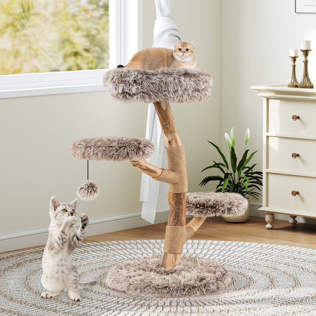 Cat Tree Solid Pear Wood with Perch and Natural Jute Scratching Posts-Brown - Majestic Pet Kingdom