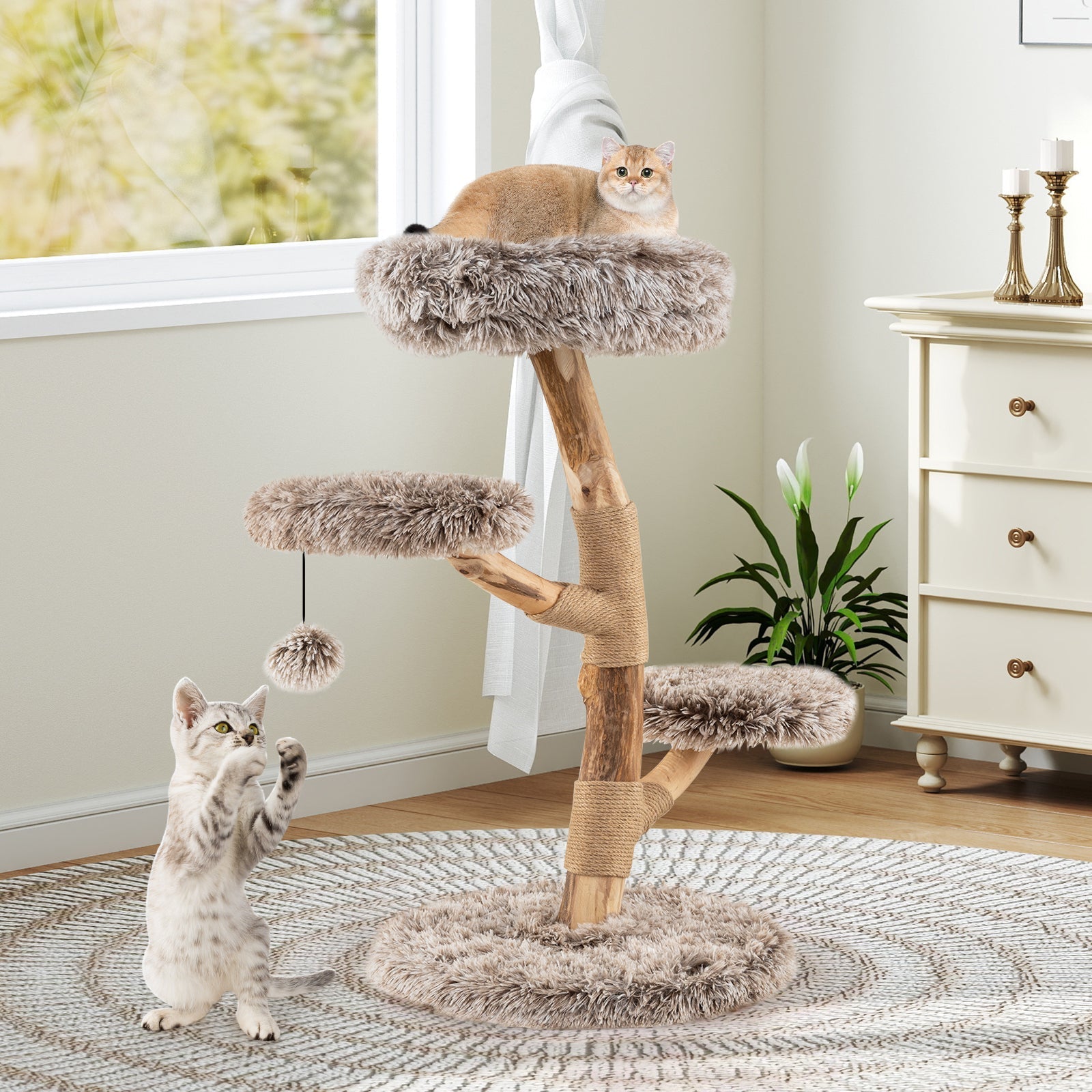 Cat Tree Solid Pear Wood with Perch and Natural Jute Scratching Posts-Brown - Majestic Pet Kingdom