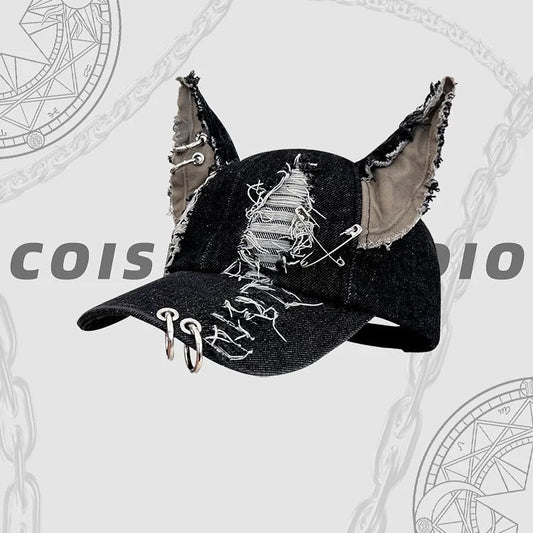 Dog Hat Washed Denim Baseball Cap with Ear Holes Outdoor Sun