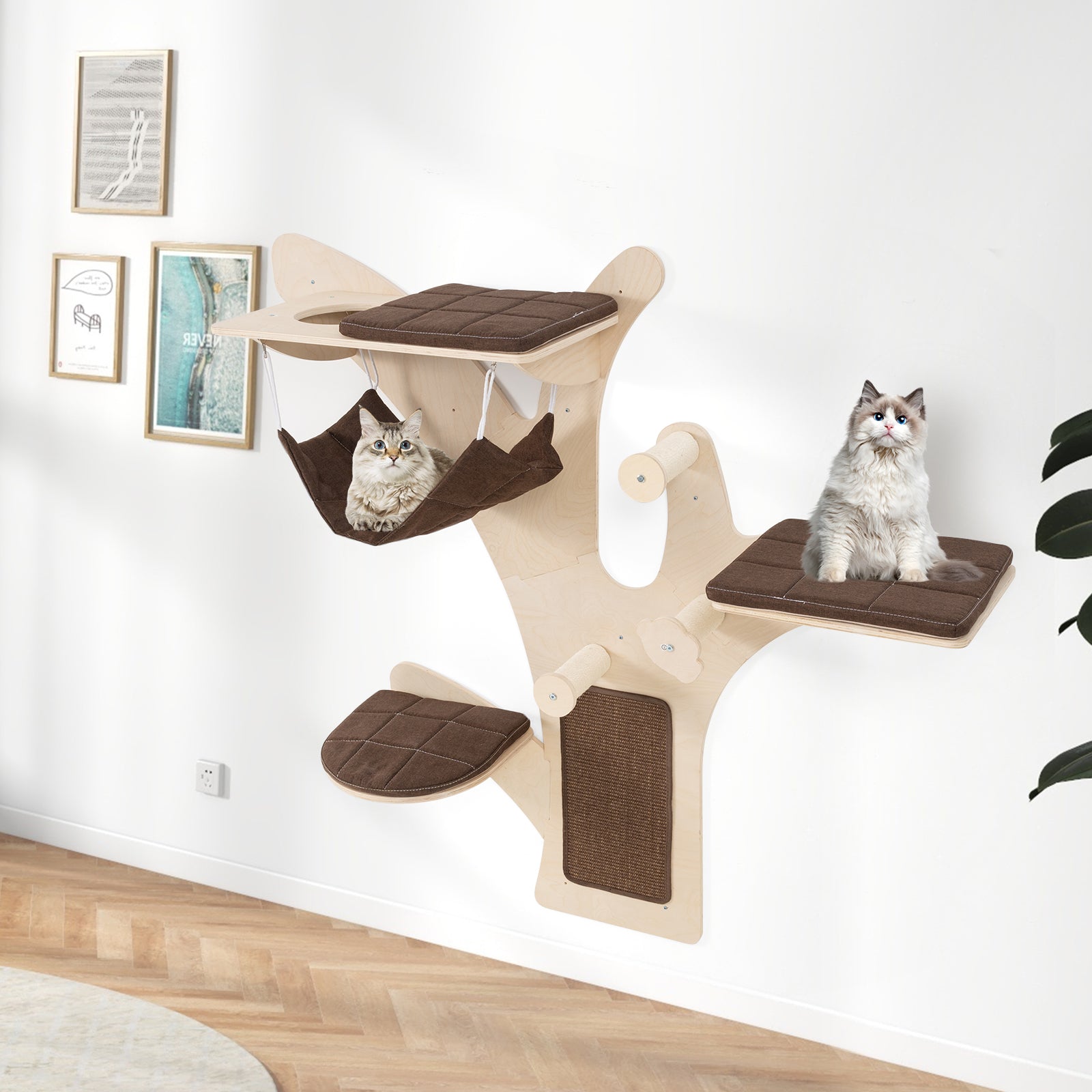 Wall-Mounted Cat Tower Cat Wall Shelves Furniture with Perch-Brown - Majestic Pet Kingdom