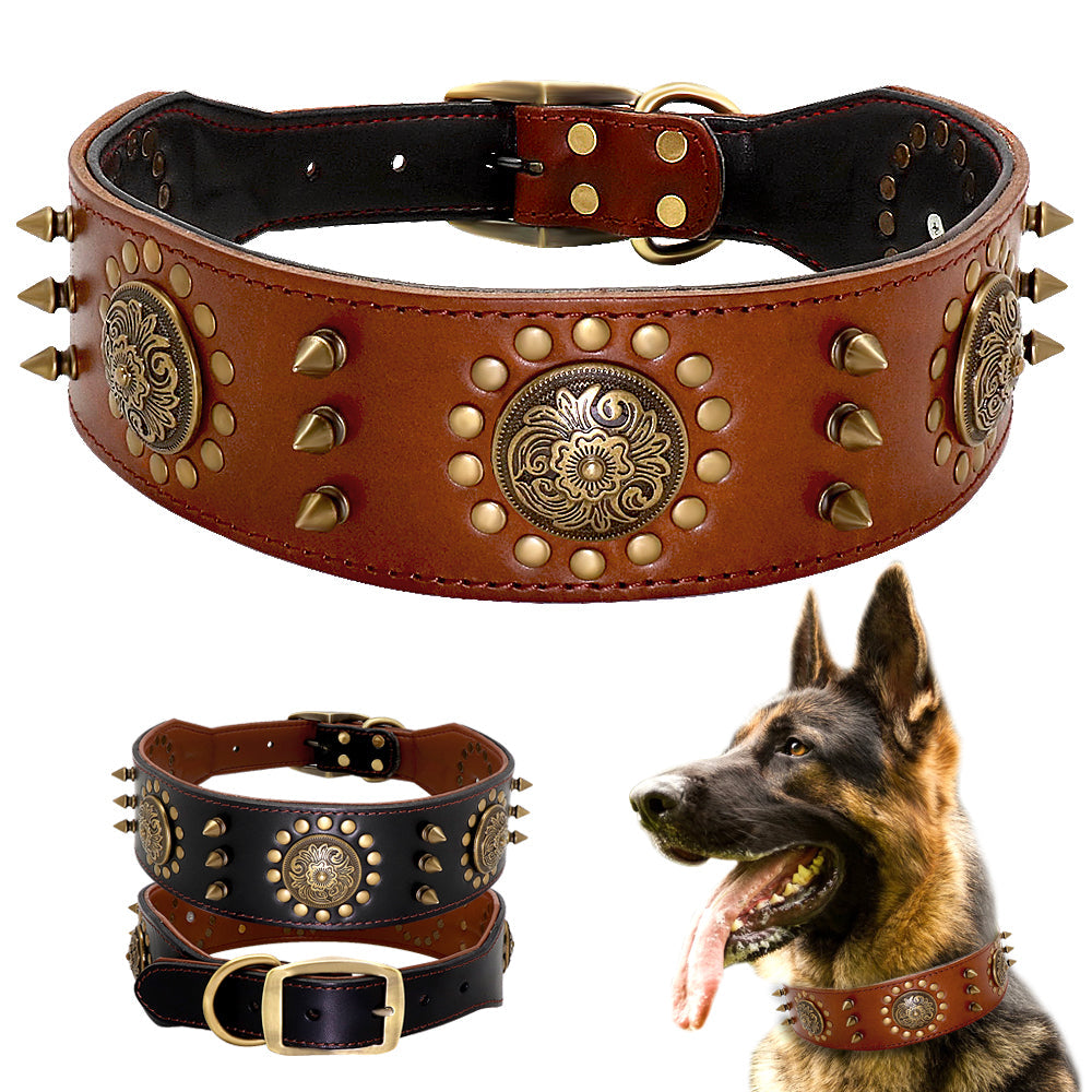 Leather Stud Dog Collar Large Dog Anti-Bite Stud Dog Collar Ergonomic | Majestic Pet Kingdom™