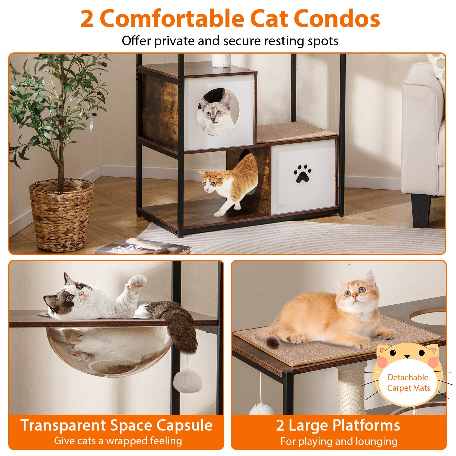 52 Inch Tall Wooden Cat Tree Metal Frame with 2 Condos and Cushions-Coffee - Majestic Pet Kingdom